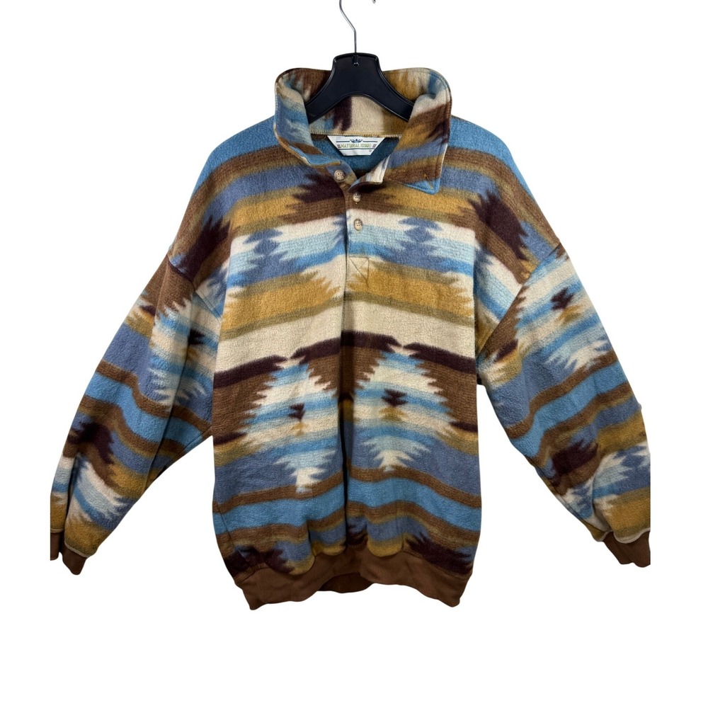 Natural Issue Vintage Aztec Fleece Pullover Mens XL Blue Brown Southwestern 1/4